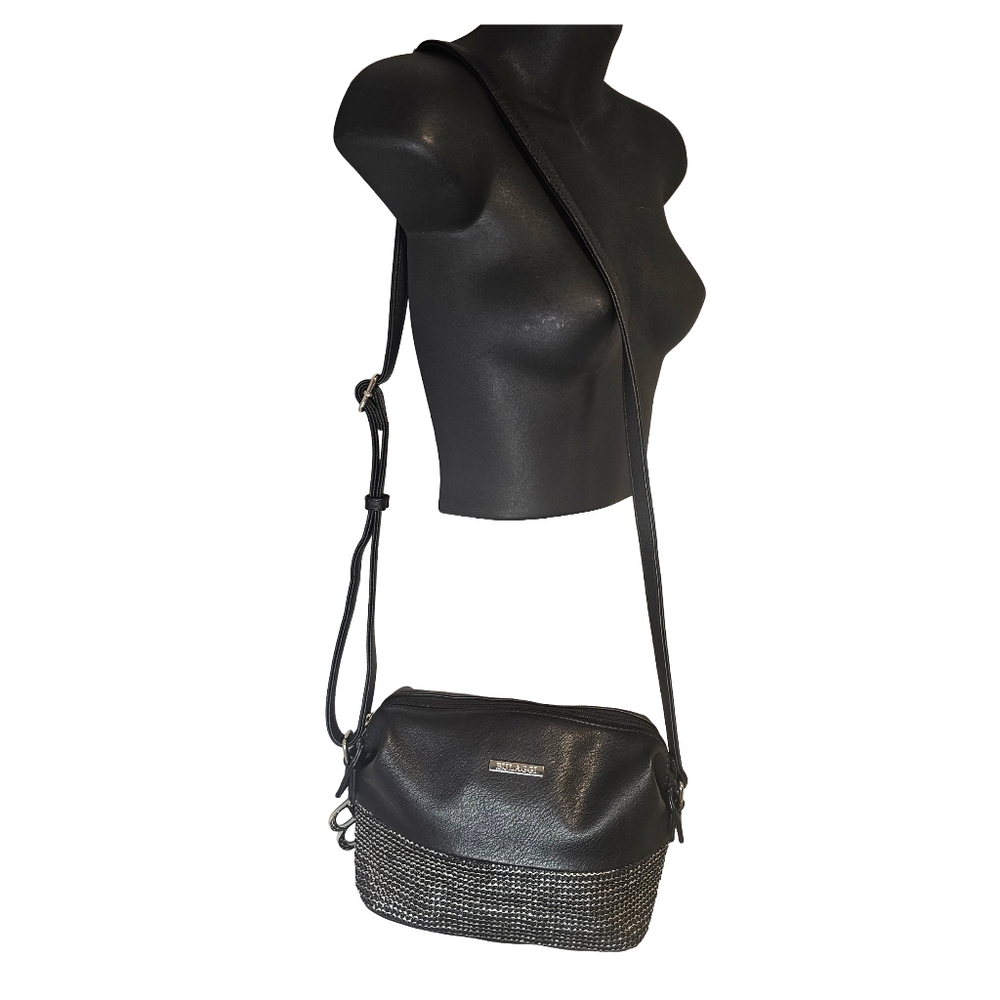 [BULAGGI] Wave Crossbody Black & Silver Rhinestone Vegan Leather w/Adj. Strap